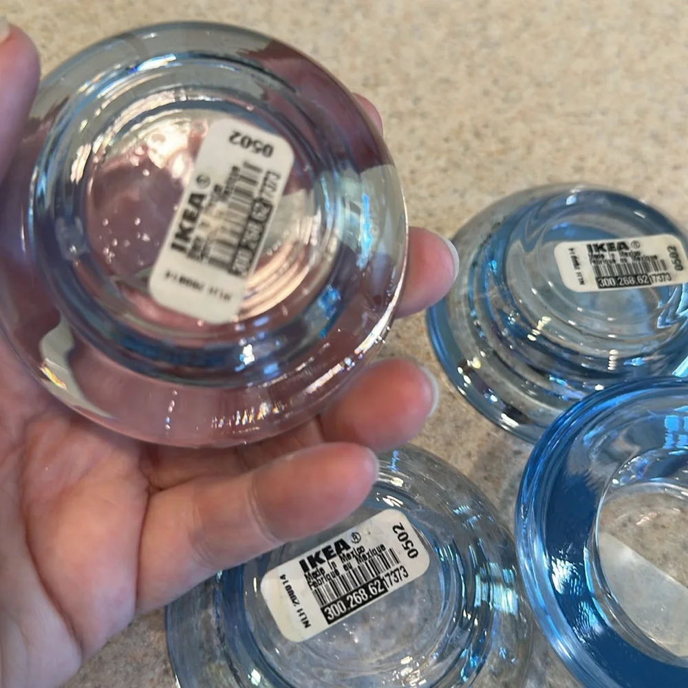 4 IKEA Retro Style Chunky Transparent Blue Glass Tea Light Candle Holders